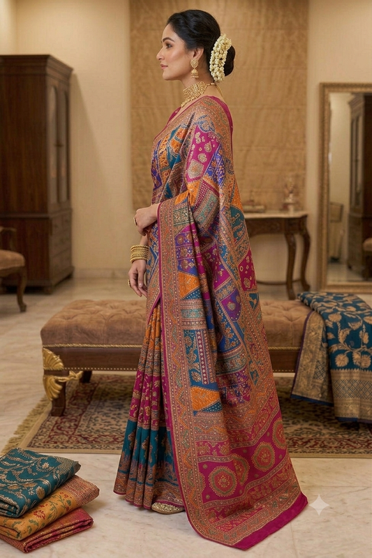 Mixture of seven colours on the precious handcrafted embroidered masterpiece