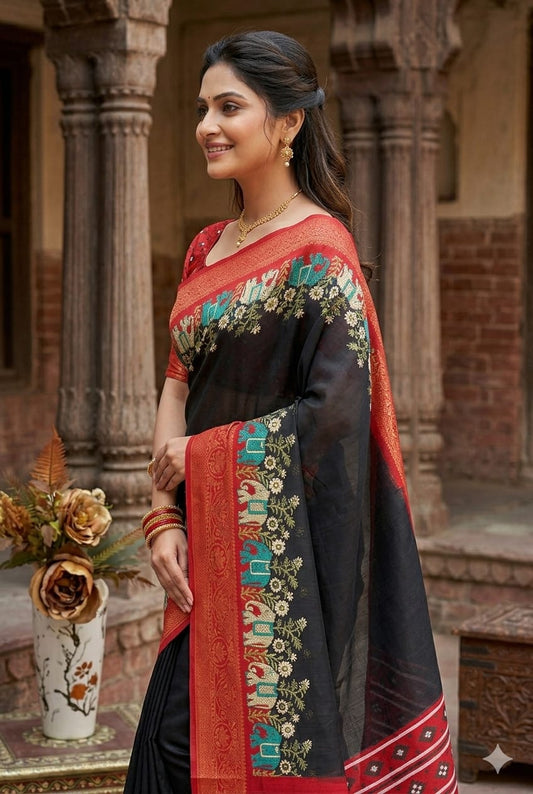 Black silky saree with kesar boundary