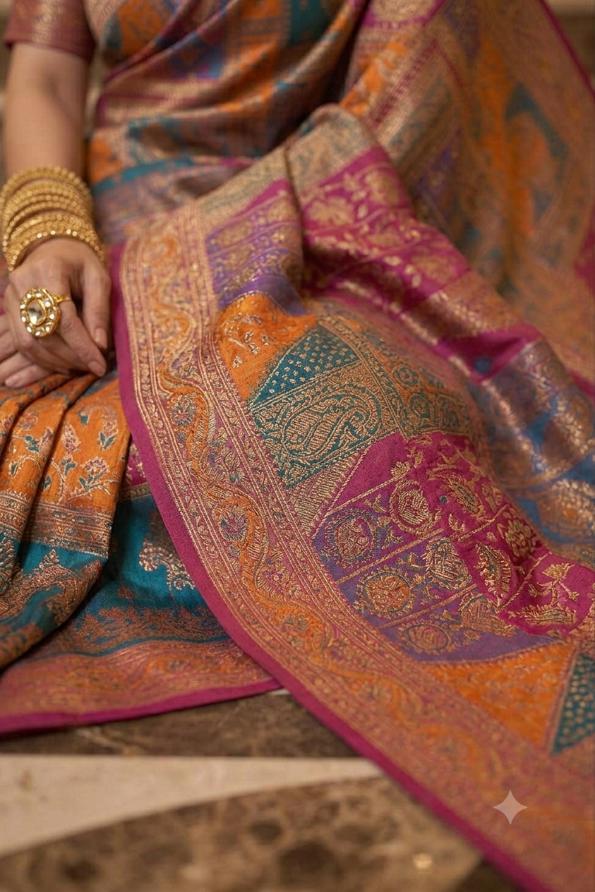 Mixture of seven colours on the precious handcrafted embroidered masterpiece