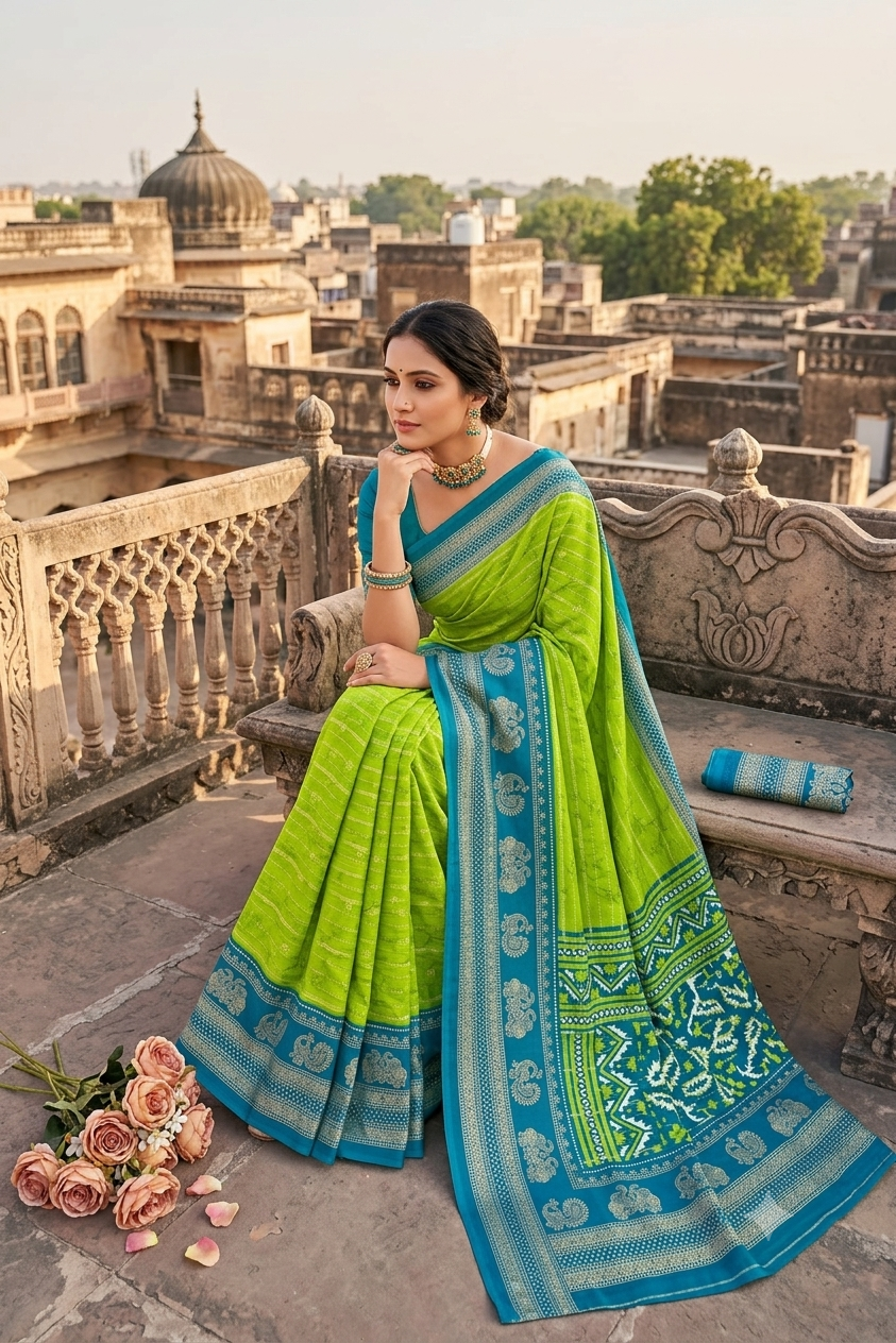 Greanly grass coloured premium georgette saree