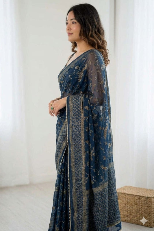 Dark bluesh georgette printed saree with simple border
