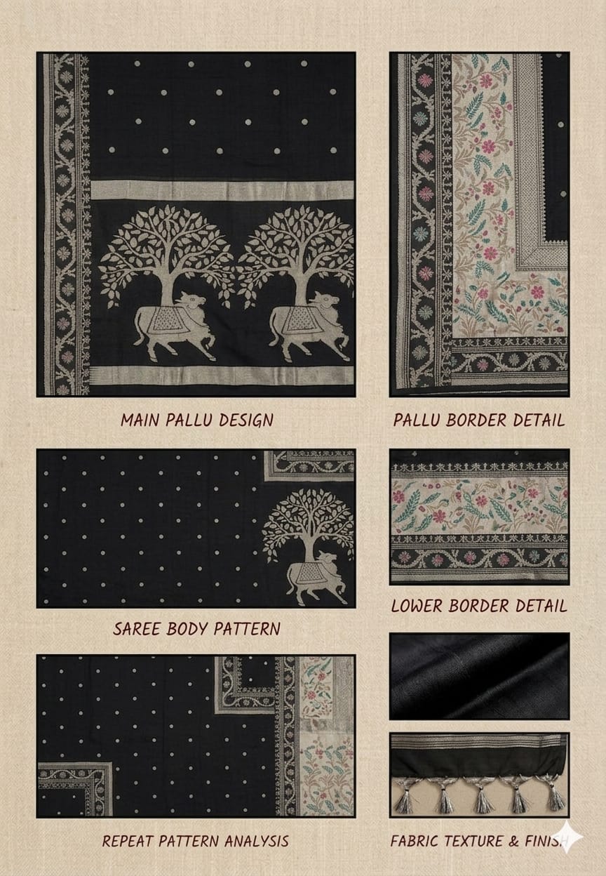 Dark black saree with cotton fabrics & designing boundary