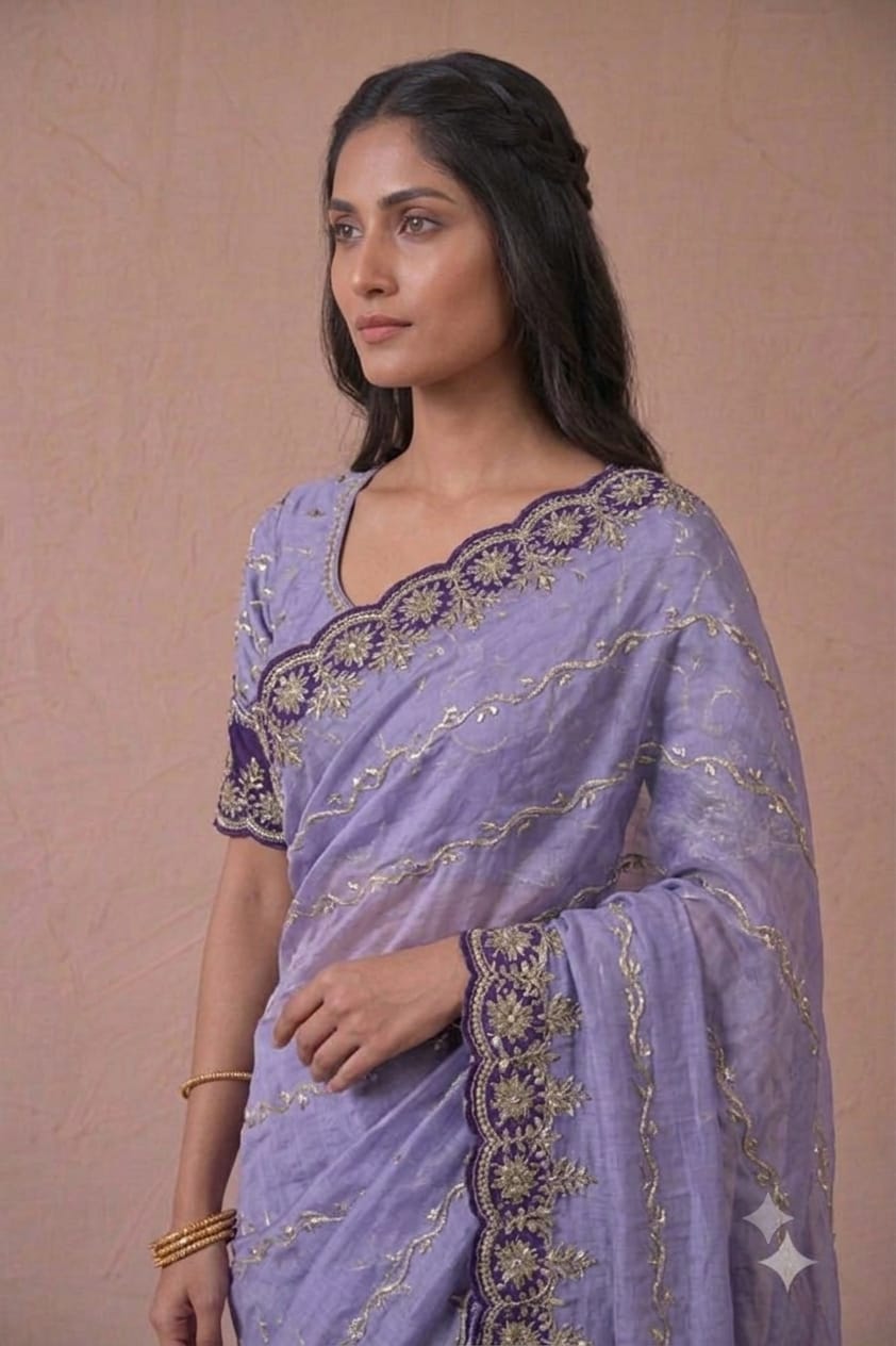 Synthetic fibre saree with shining embroidery design premium polister