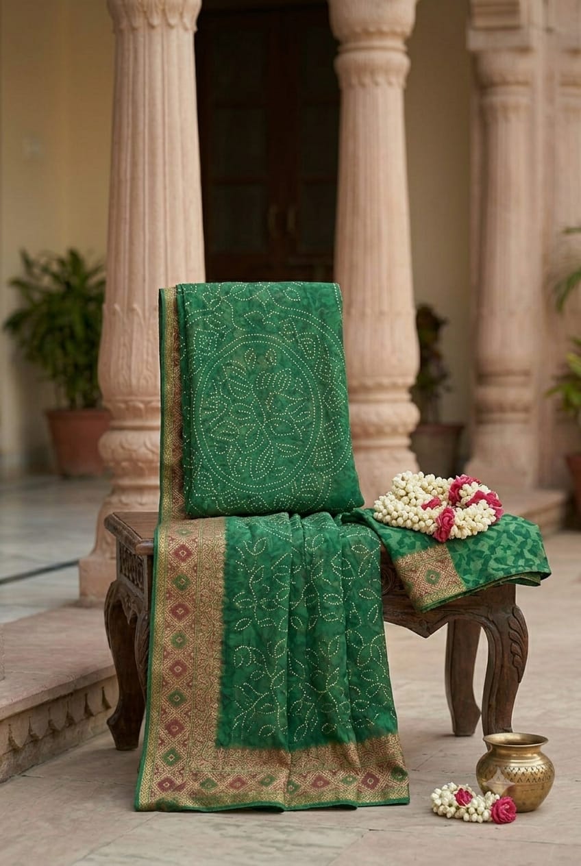 Green chunni style saree along with polyester and georgette fabric