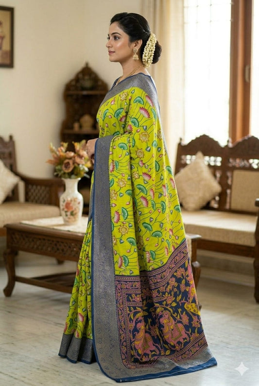 This silky premium bnarsi saree with light green texture