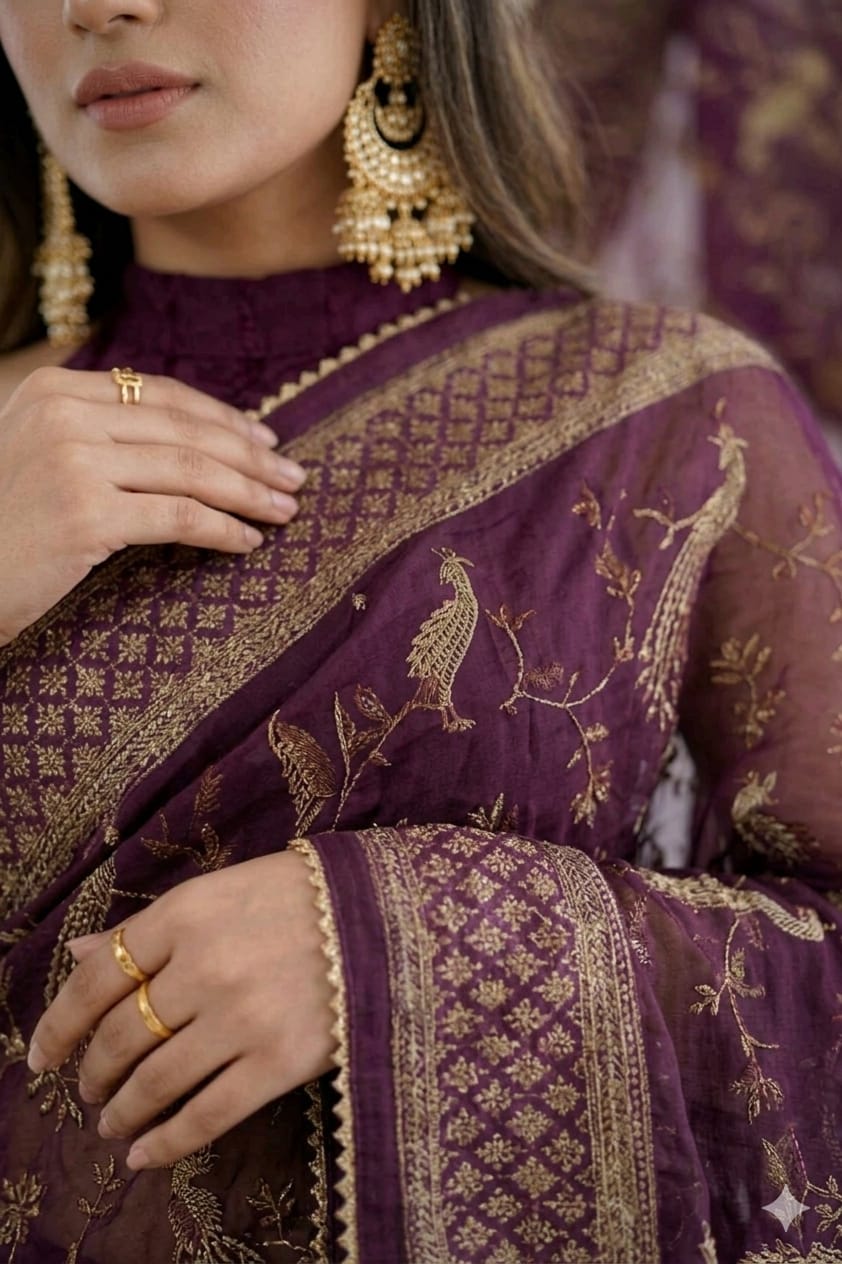 Dark bengani printed georgette saree with stylish daily wear