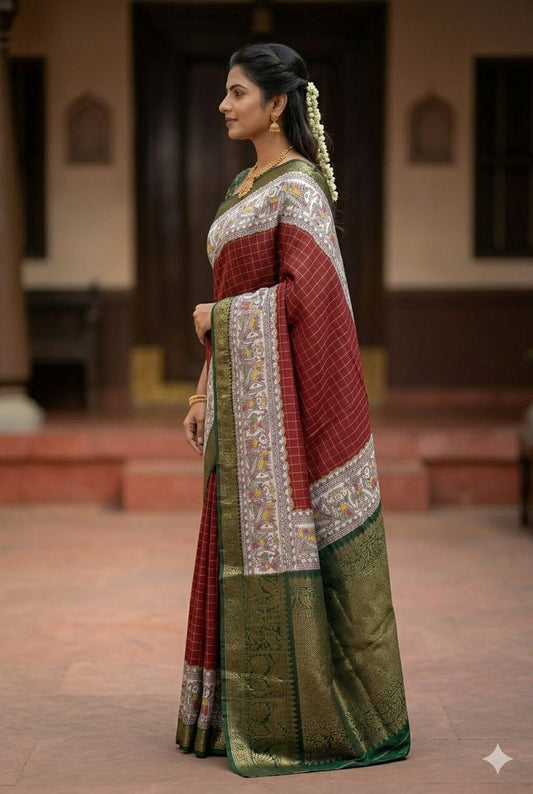 Maroon silky banarsi with green putta