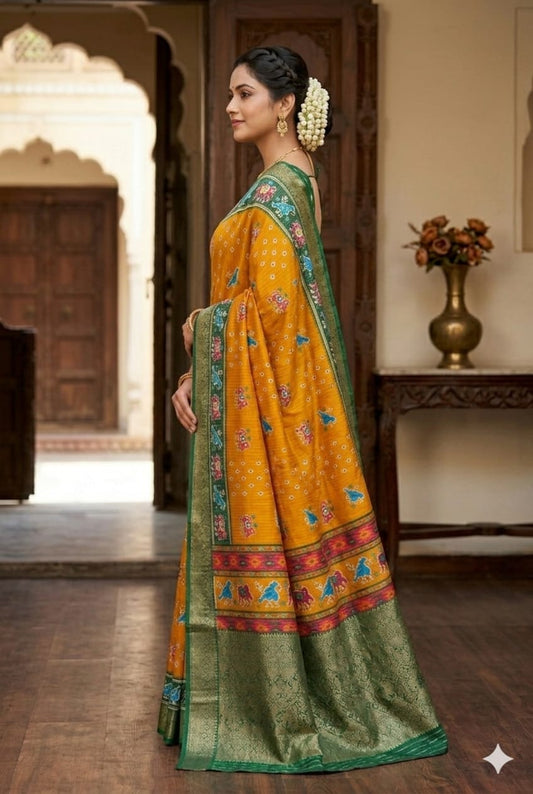 Yellow mango banarsi silky Saree premium quality
