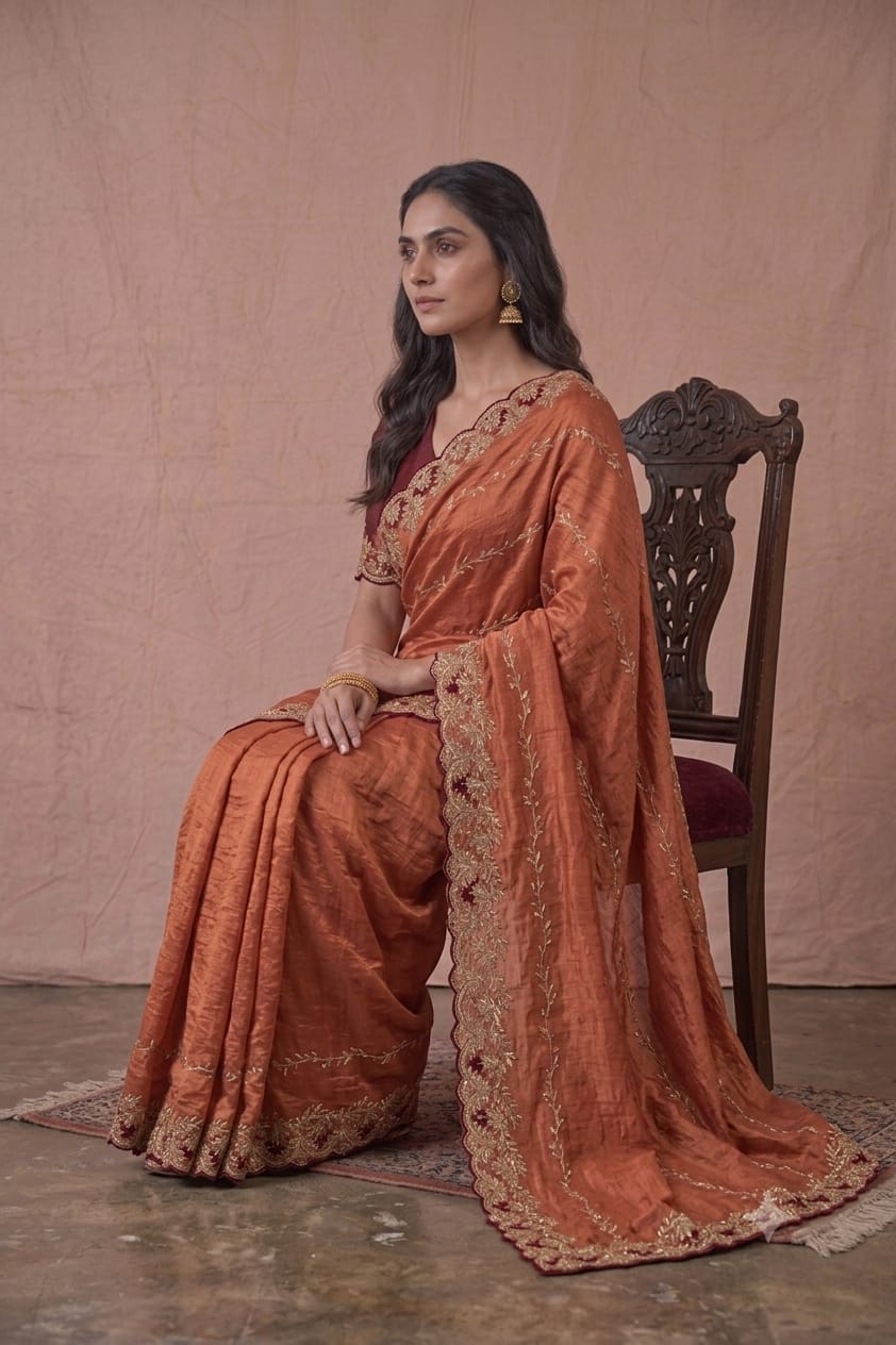 Dark orange colour embroidery design saree