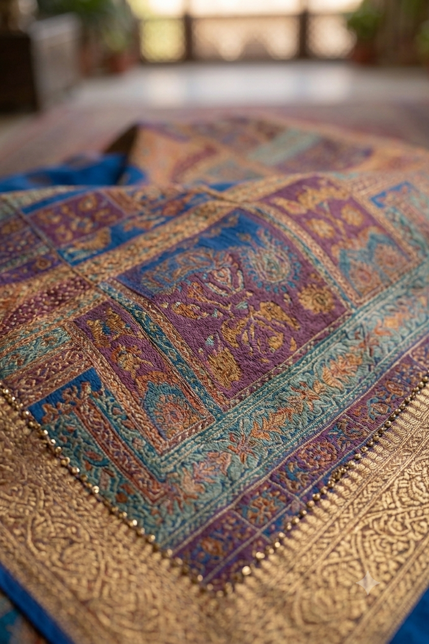 Exquisite royal blue silky saree with intricate patch work & zari border