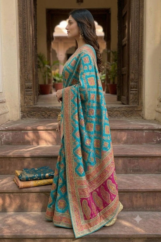 Turquoise tussar silky saree with pink patola and paisley zari border