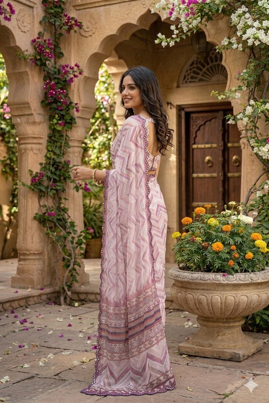 Sandy georgette printed saree with shining boundary