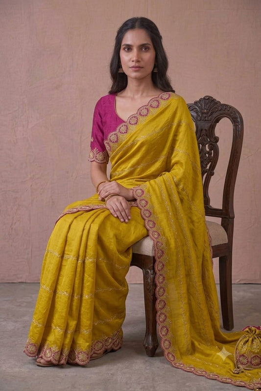 Yellow chiffon fabric saree with shining texture