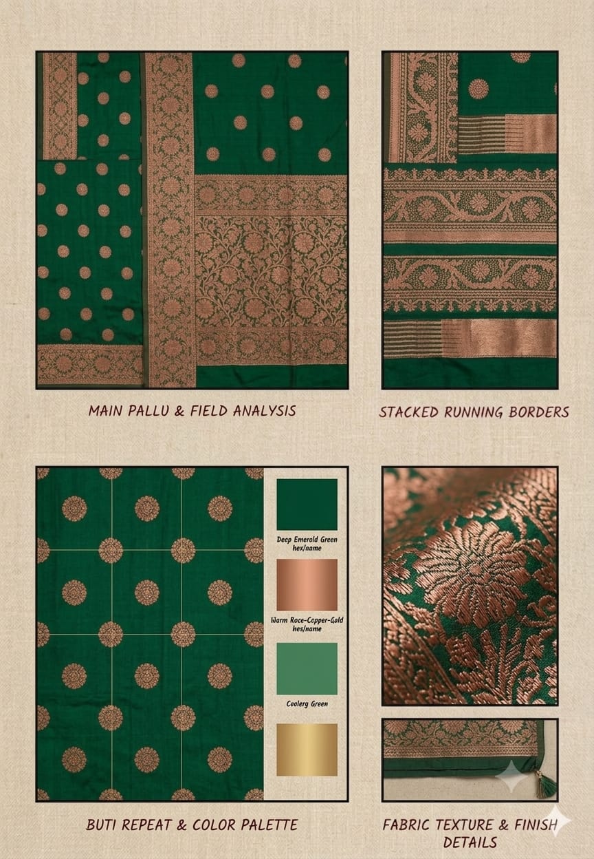 Darker green silk with jari work bnarsi saree