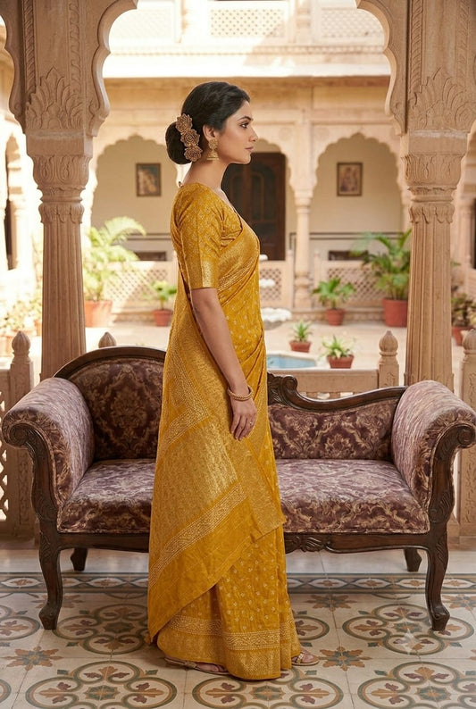 Light & shining texture of this yellow fabric give you stylish look