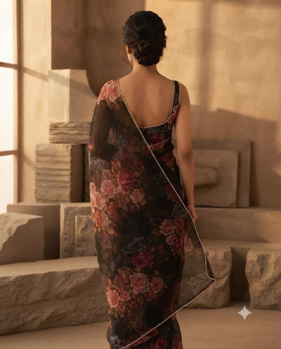 Exquisite black floral printed organza Saree with delicate embellished border