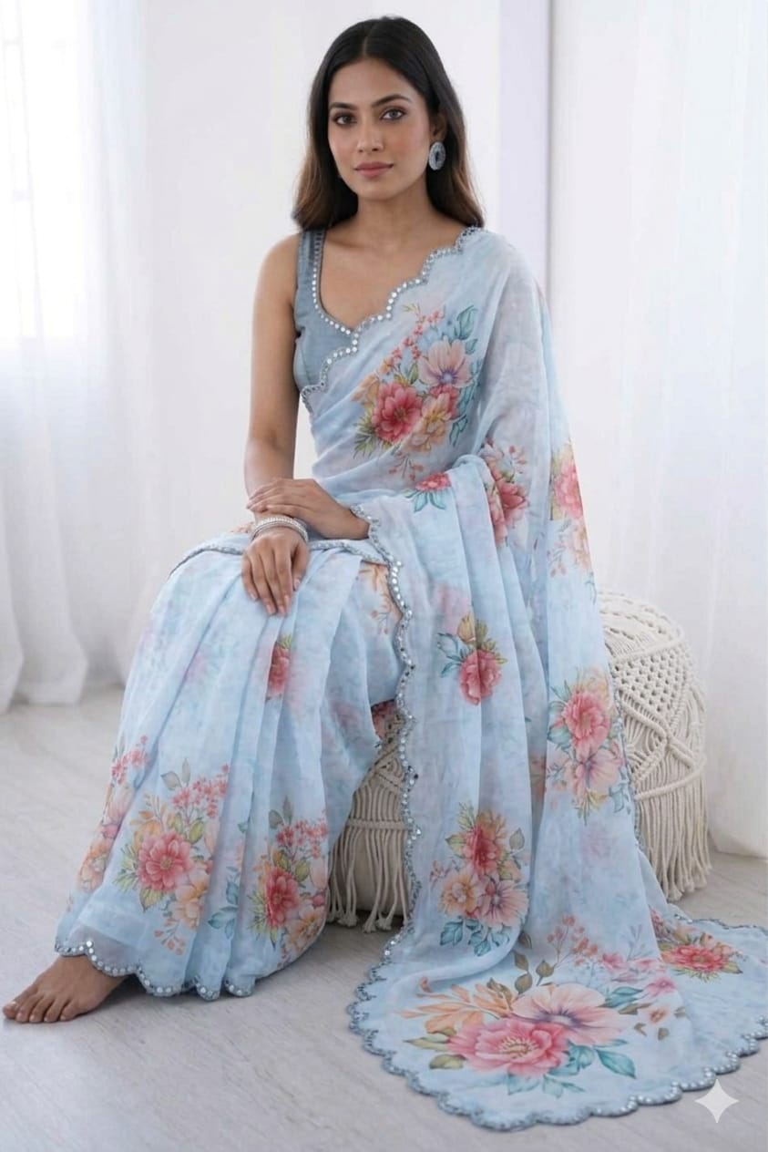 Bluesh georgette printed saree with shining boundary