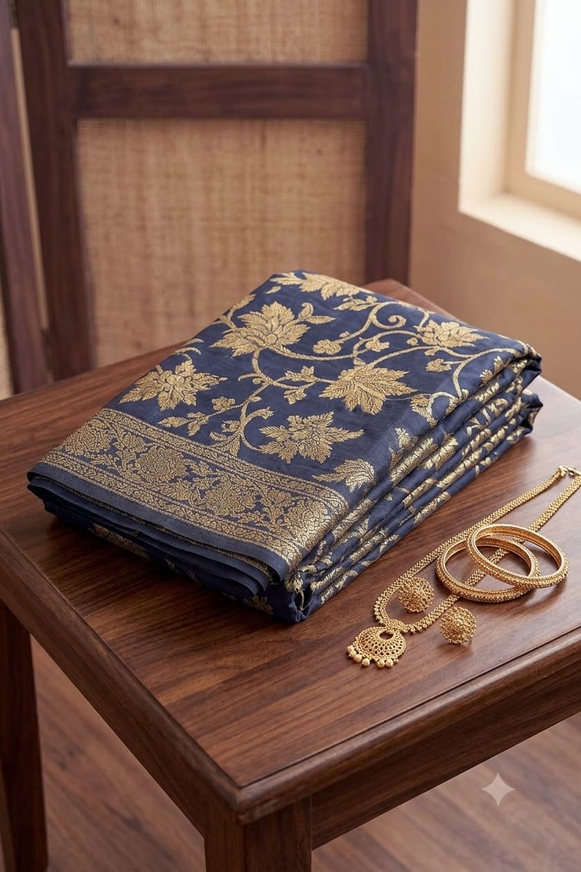 Darker navy with jari silky comfortable bnarsi saree