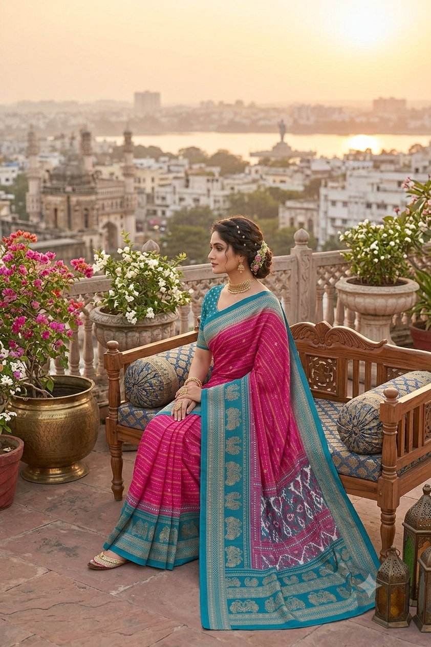 Dark pinky georgette saree with shining texture