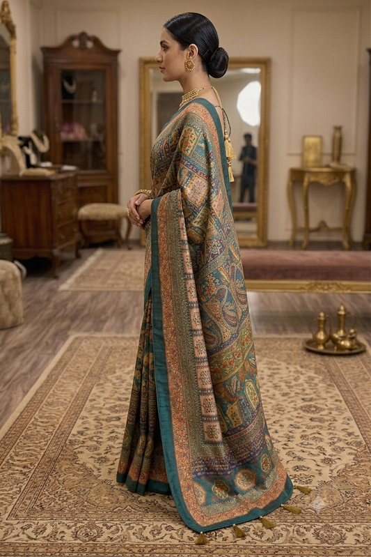 Elegant teal multicolour printed saree with velvet border and tassels