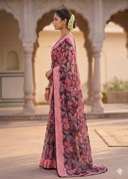 Pink&black chiffon febric for your easy to wear saree on daily basis