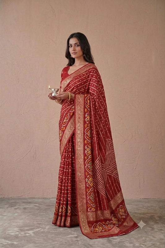 Semi georgette saree with shining border in dark red colour