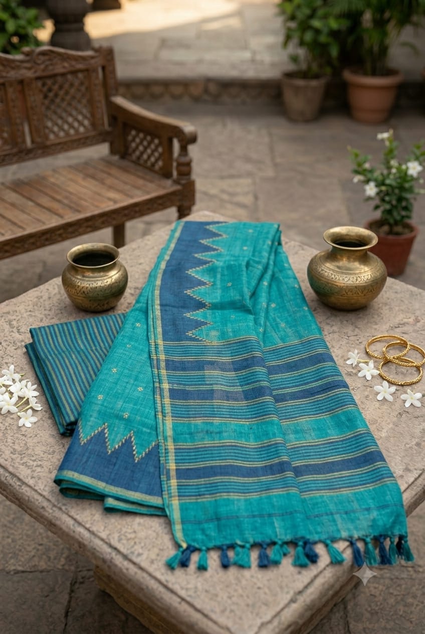 Dark asmani polyester fabric simple plain saree