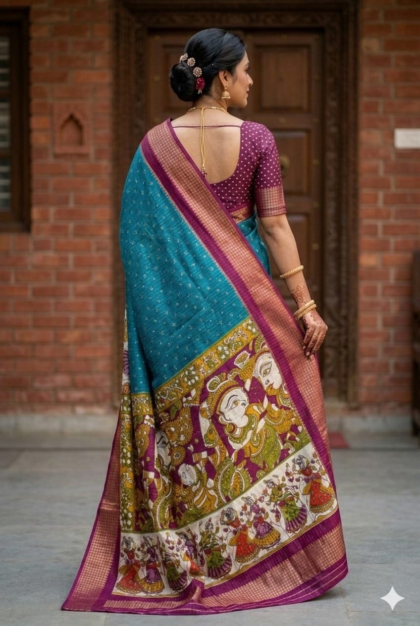 Blue silky banarsi saree -modern style -alongwith texture