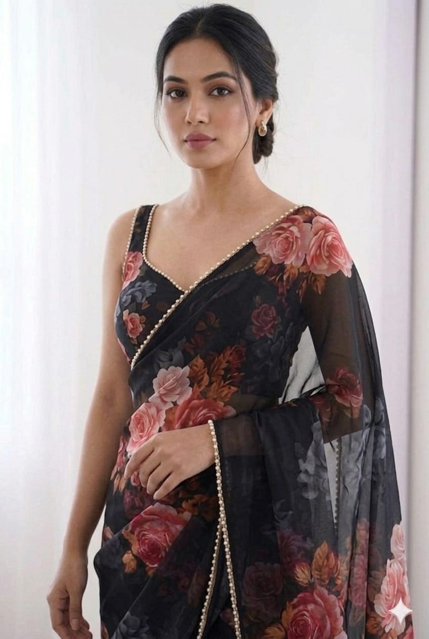 Black Georgette printed saris light weight breathable