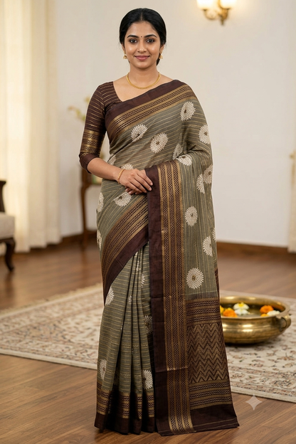Brown rice colour saree mixture of polyester fabric