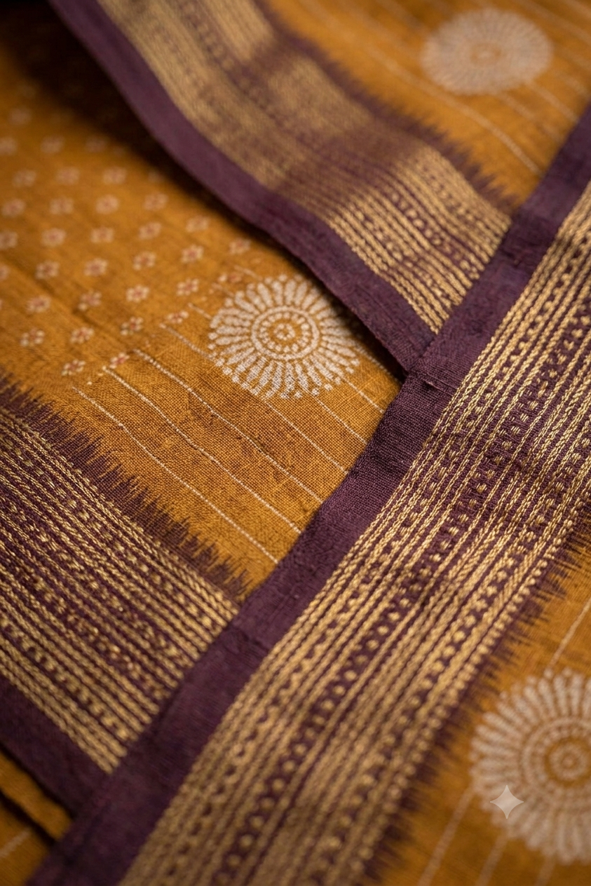 Dark yellow with chocolatey border polyester fabric saree