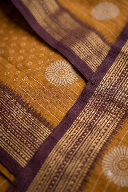 Dark yellow with chocolatey border polyester fabric saree
