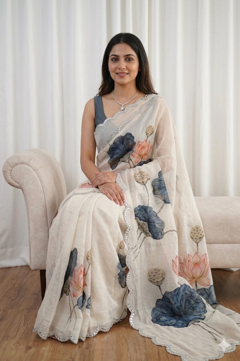 Milky white georgette saree with burned flower