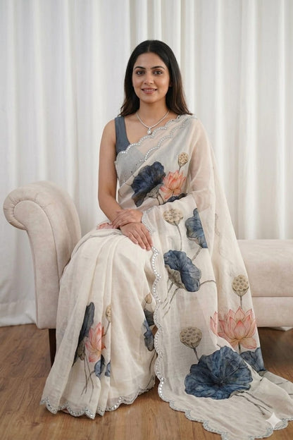 Milky white georgette saree with burned flower