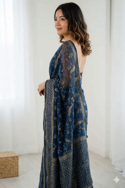 Dark bluesh georgette printed saree with simple border