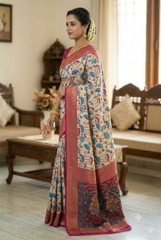Mixture of silk and jari embroidery boundary saree
