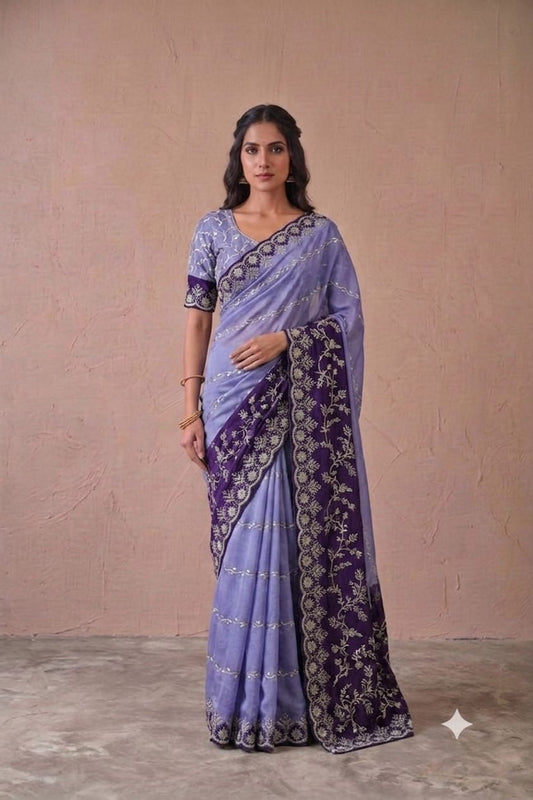 Synthetic fibre saree with shining embroidery design premium polister