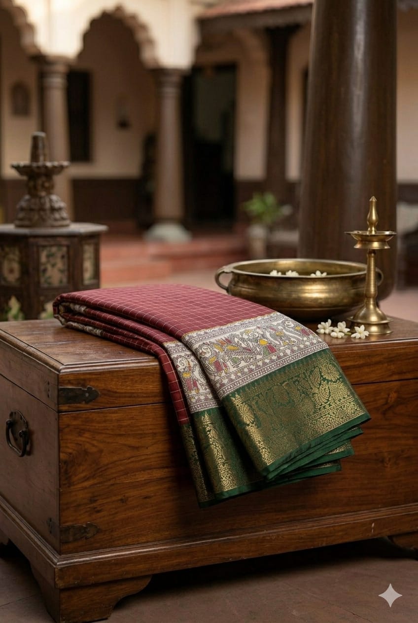 Maroon silky banarsi with green putta