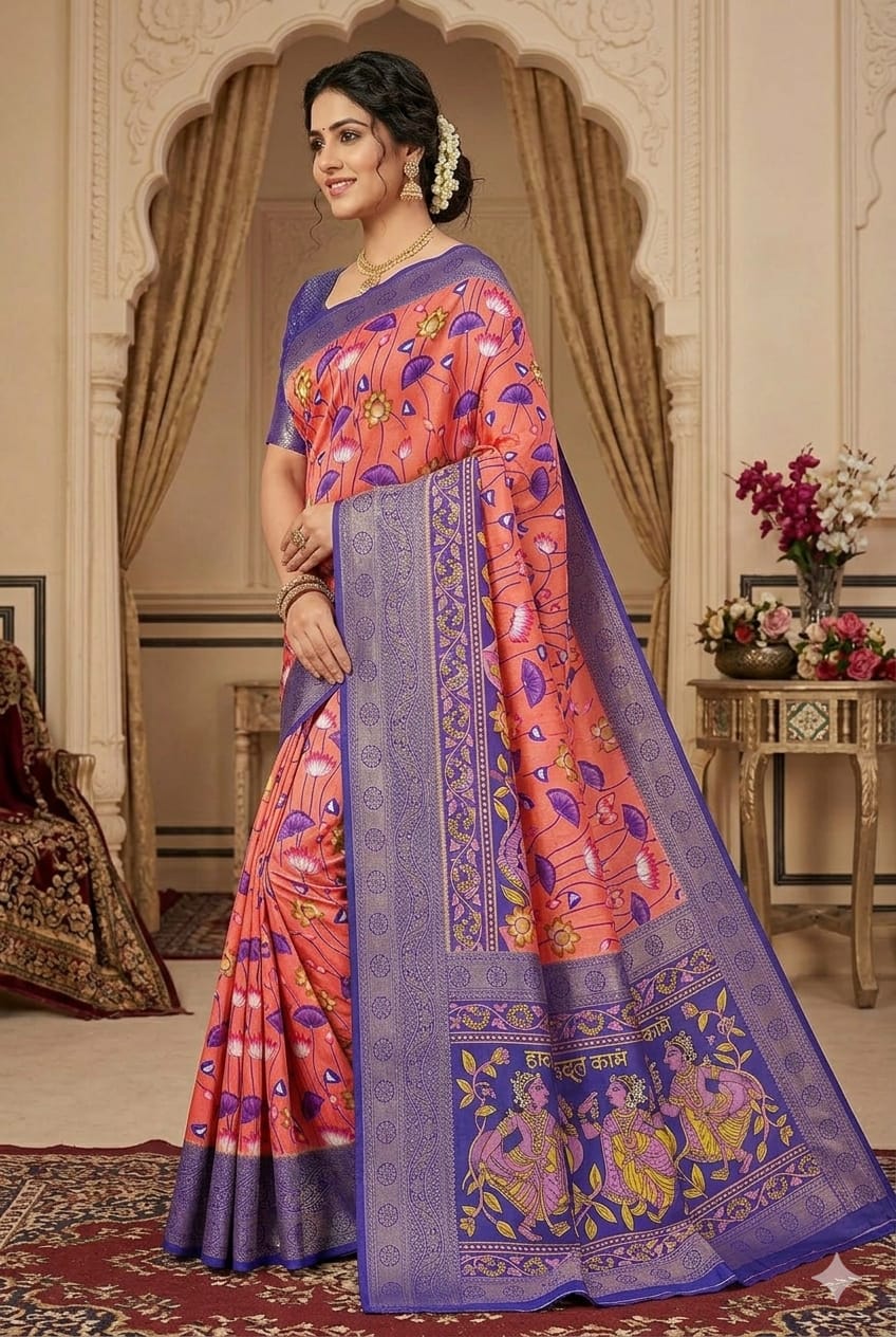 Pinky shiny silk saree with dark blue border