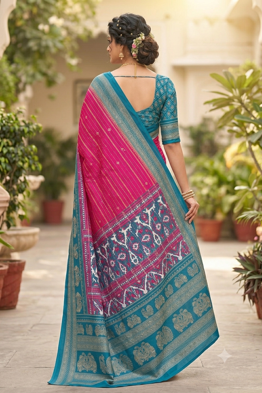 Dark pinky georgette saree with shining texture