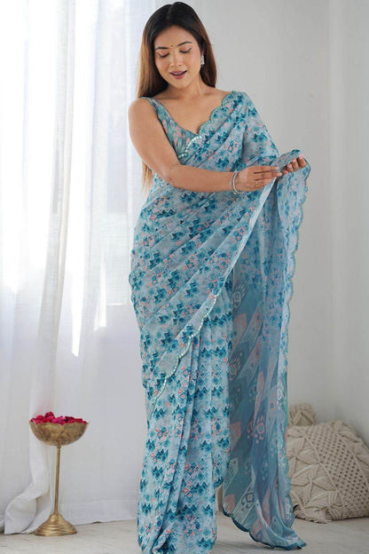 Bluesh georgette printed saree with premium texture