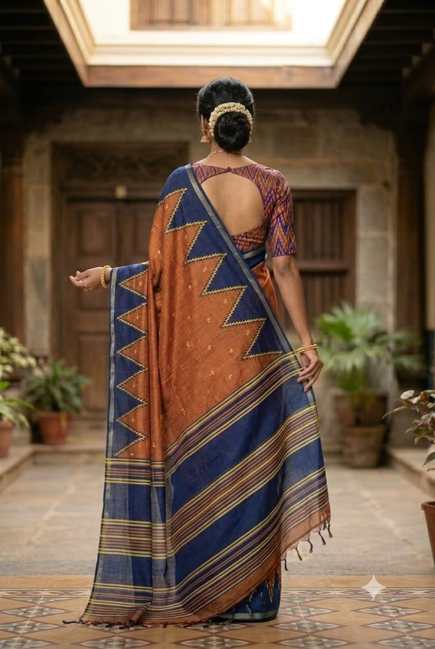 Mixture of kesari and brown colour saree chiffon fabric