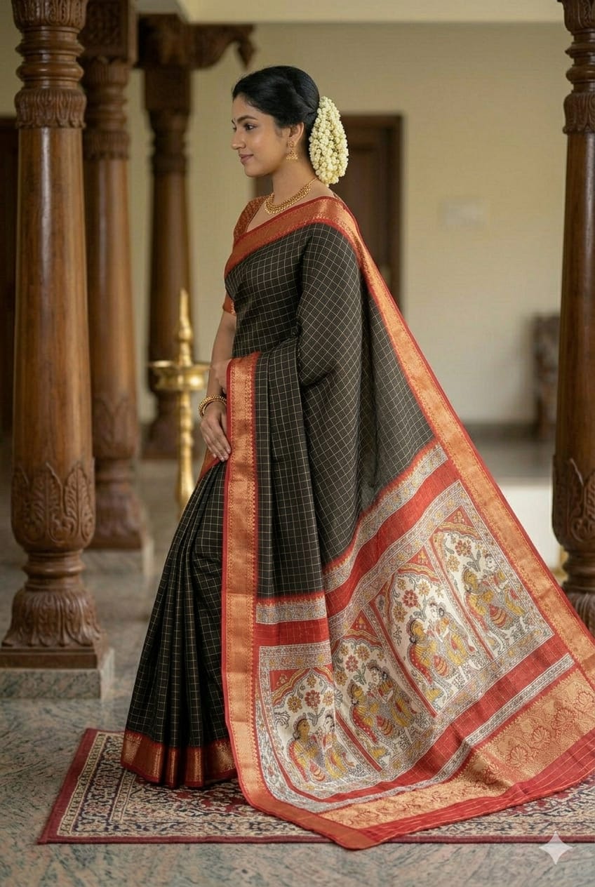 Dark black silky wedding wear saree along with premium craft on it