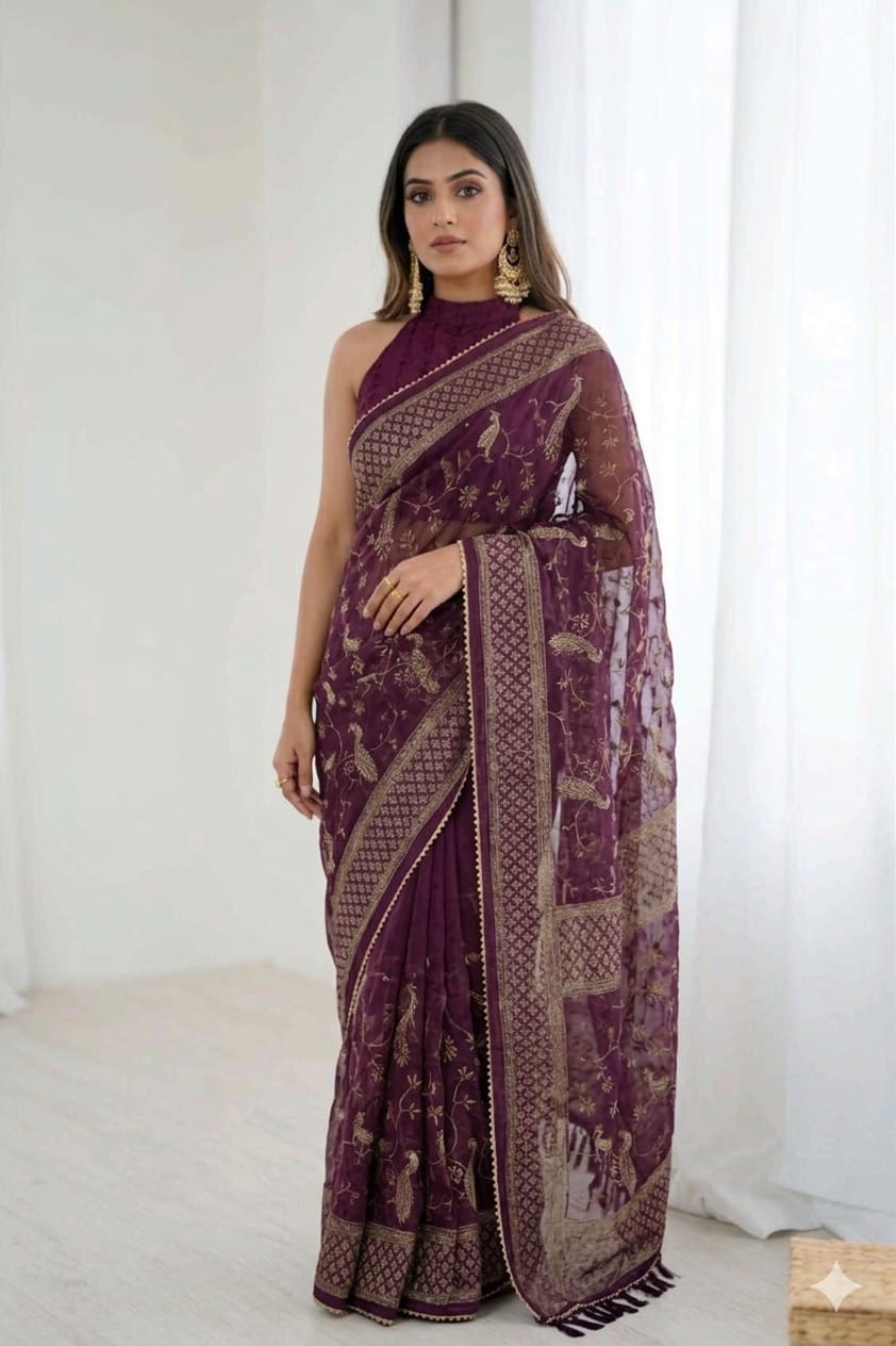 Dark bengani printed georgette saree with stylish daily wear