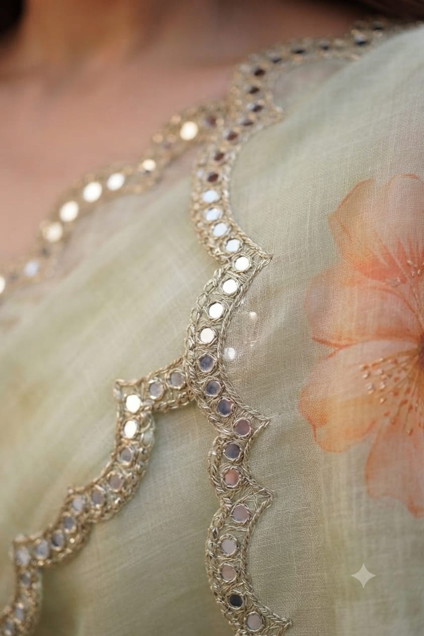Elegant Pastel Green Floral Organza Saree with Scalloped Mirror-Work Border