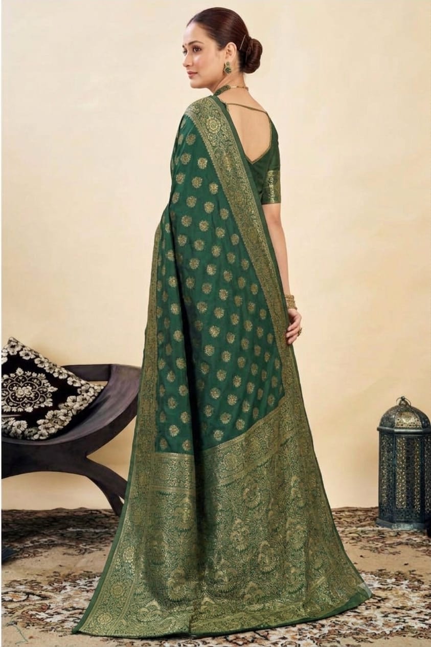 Green jari embroidery boundary bnarsi silk saree
