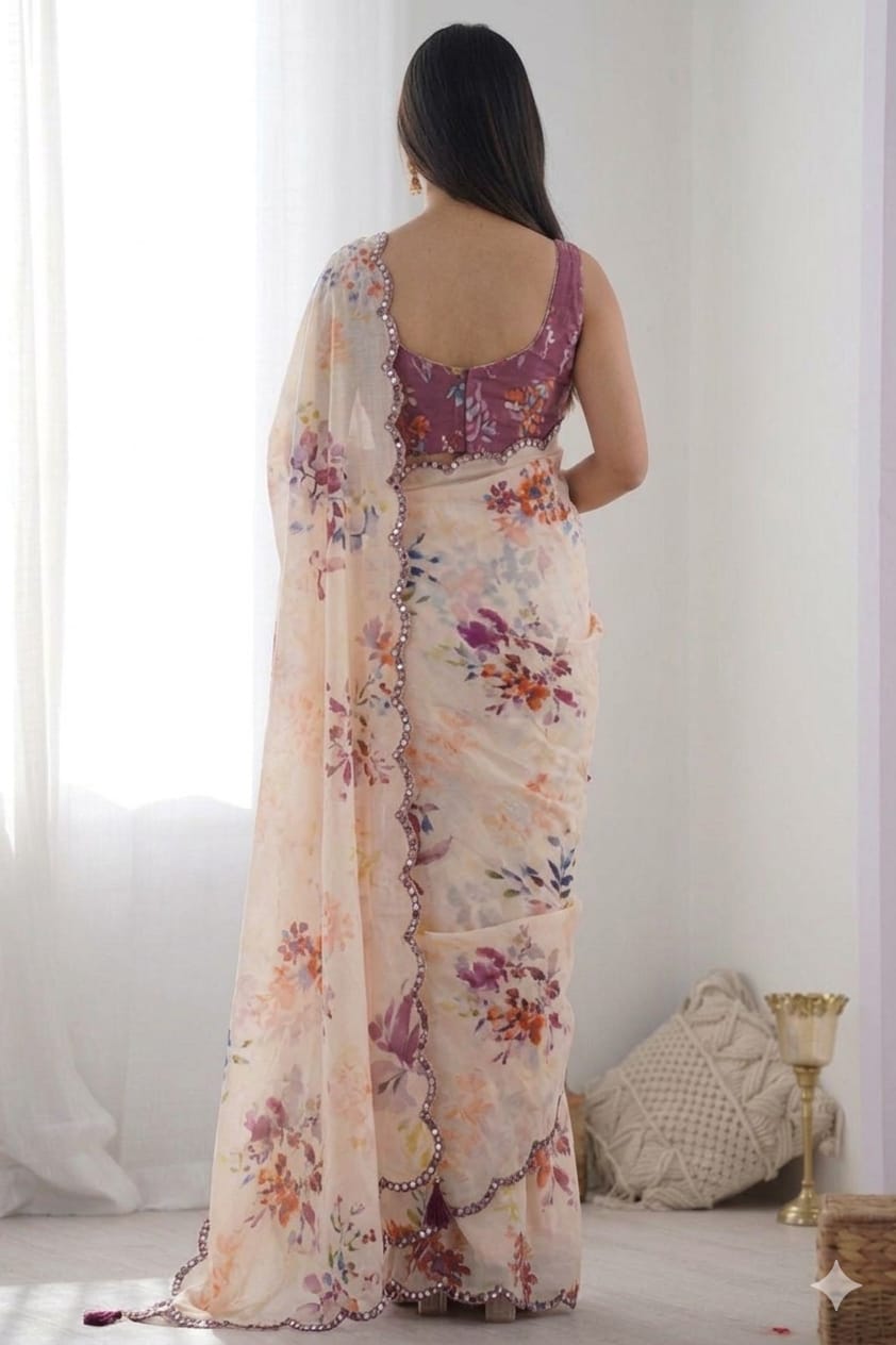 Light Creamy printed georgette saree ready to wear