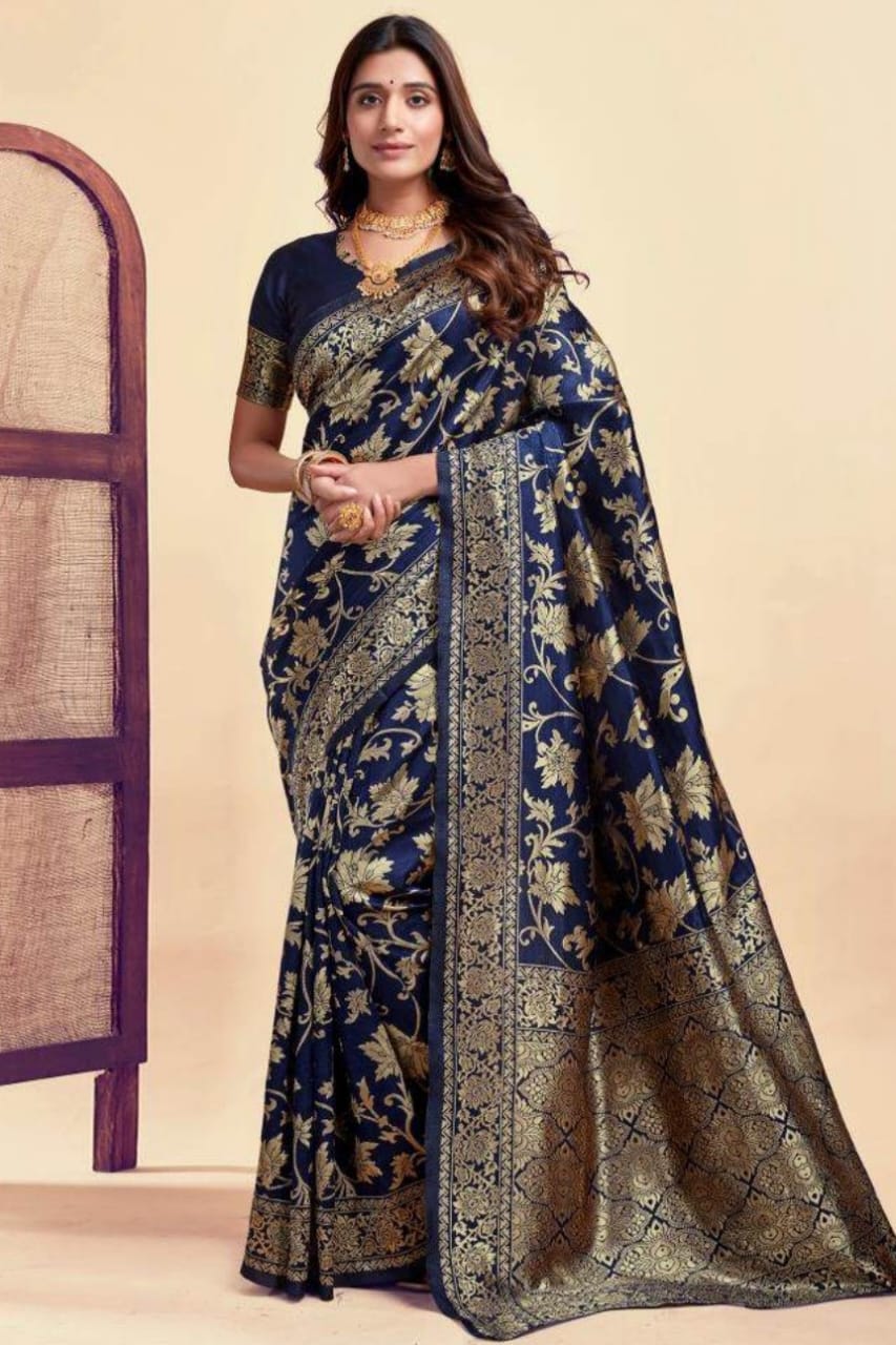 Darker navy with jari silky comfortable bnarsi saree