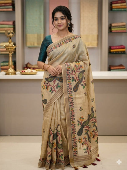 Creamy traditional saree for the beautiful girl alongwith dark green blouse