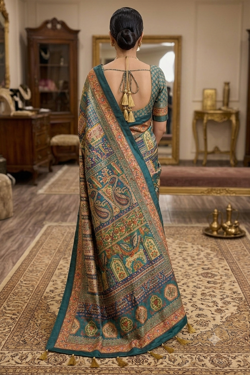 Elegant teal multicolour printed saree with velvet border and tassels